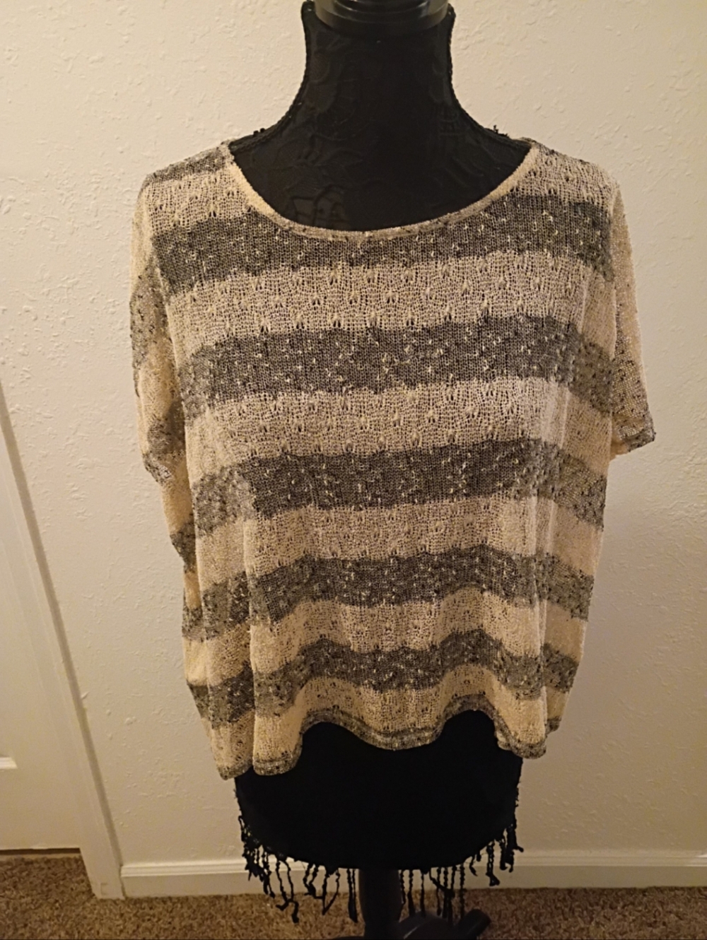 BCBGeneration Cream and Gray Striped Short Sleeve Top